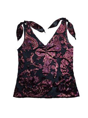 Y2K Hot Kiss Womens Black Burgundy Paisley Velvet Burnout Sheer Tie Tank Medium